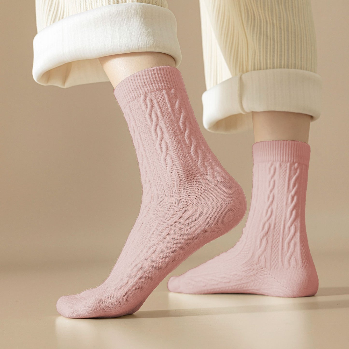 Classic Crew Socks Cable-Knit Cotton for Casual Stability and Comfort 2 Pairs