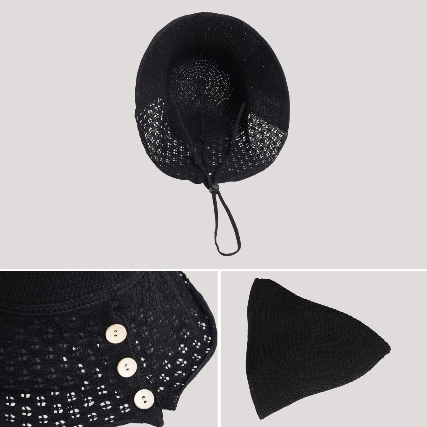 Crochet Bucket Hat with Adjustable Chin Strap and Back Button Eyelet Panel for Sun Protection