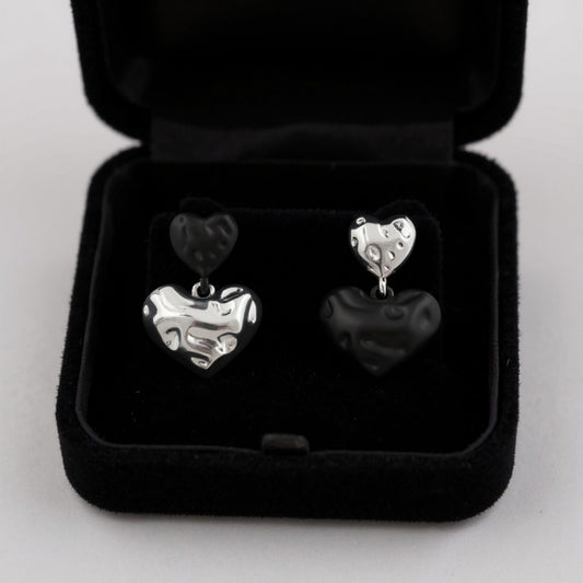 Women's Double Heart Drop Earrings with Textured Metallic Design