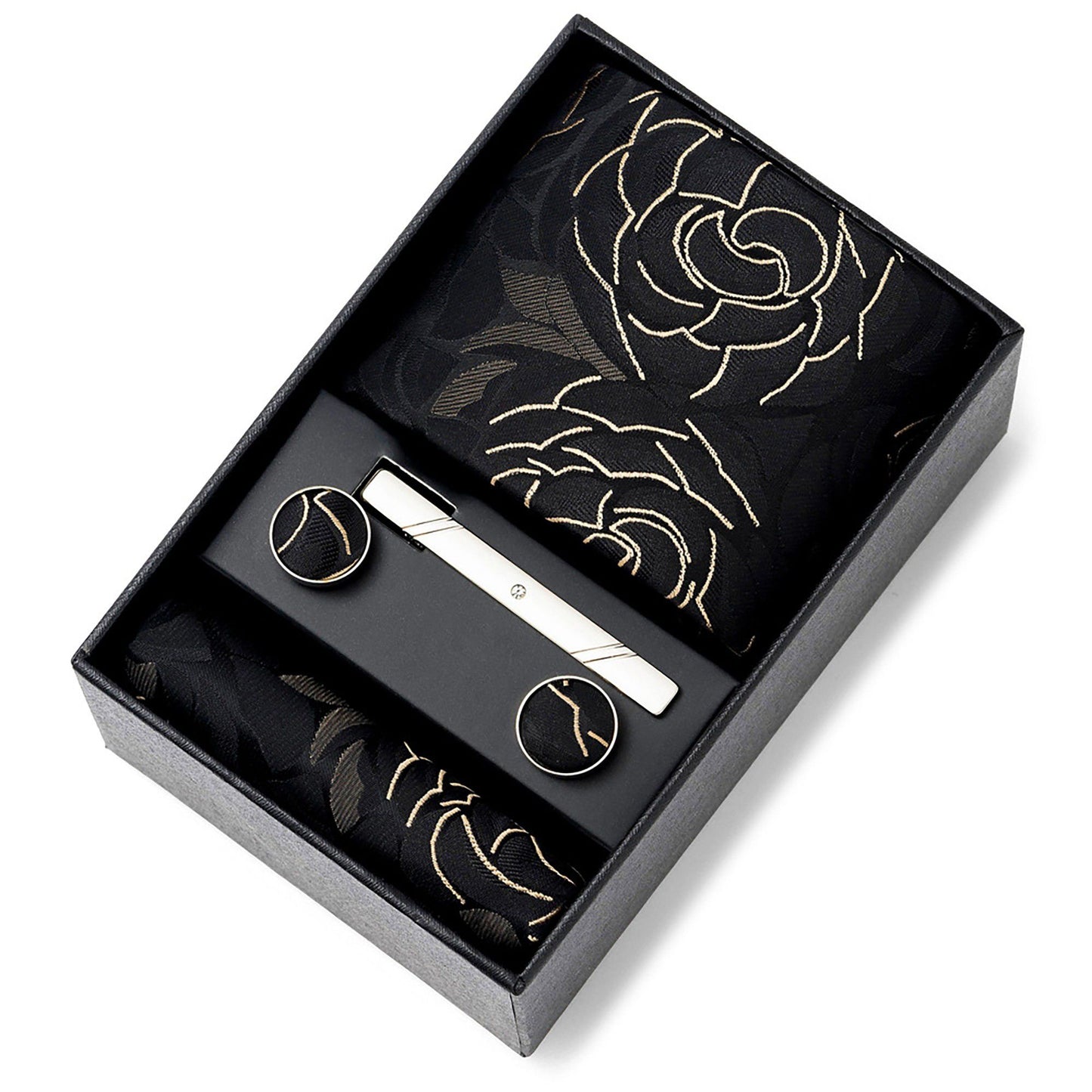 Men's Rose Floral Tie Gift Set with Matching Pocket Square Cufflinks and Silver Tie Clip