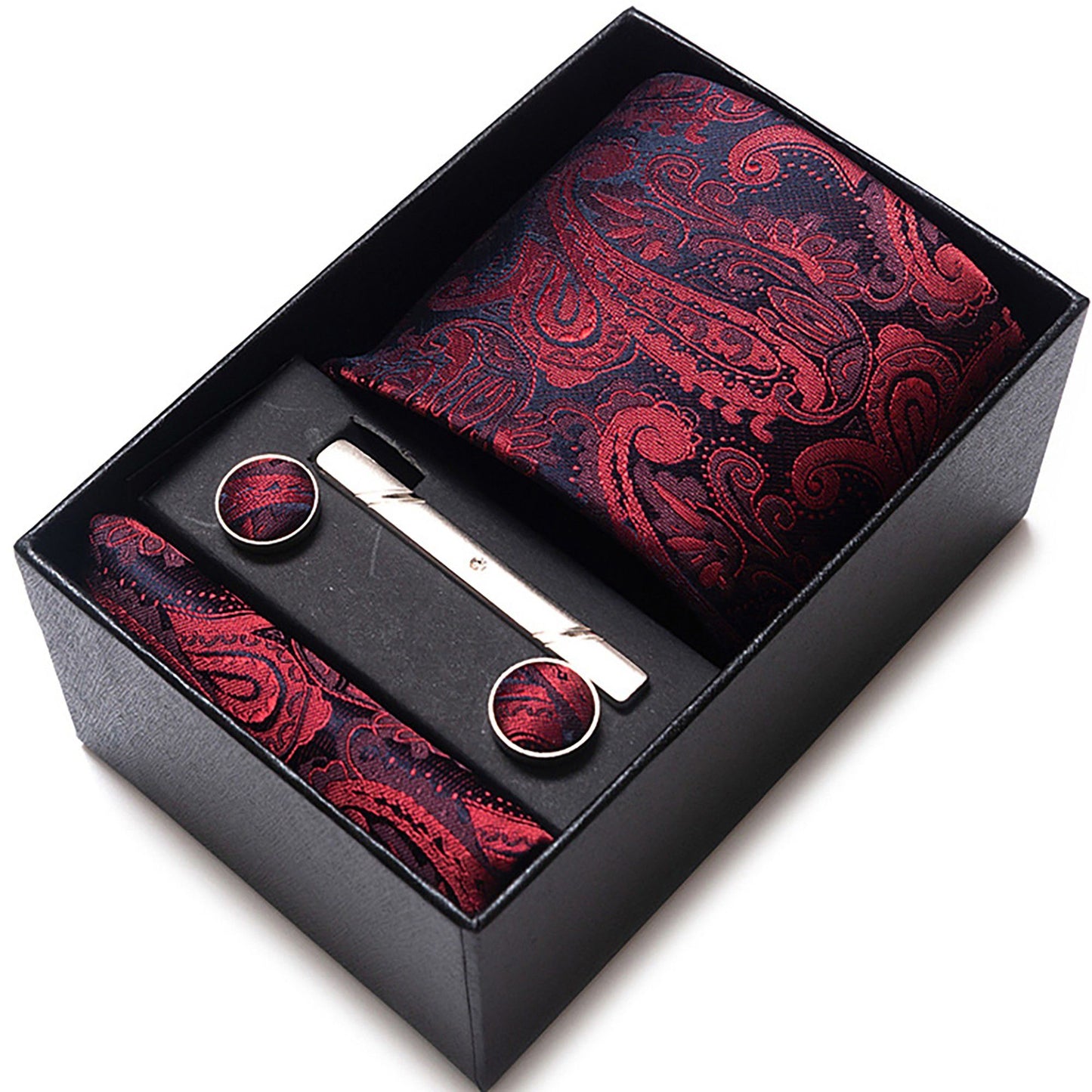 Men's Floral Pattern Tie Gift Set with Matching Pocket Square Cufflinks and Silver Tie Clip