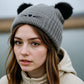 Cat Ear Knit Beanie - Faux Fur Ears with Valentine Heart Whisker Embroidery for Cute Casual Winter Wear
