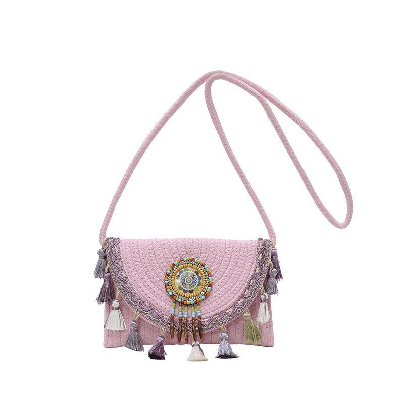Women's Woven Crossbody Bag with Beaded Medallion Tassel Flap and Long Strap