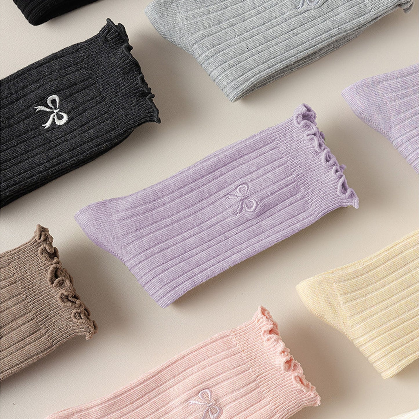 Summer Ribbed Ankle Socks with Bow Embroidery Casual 5Pk