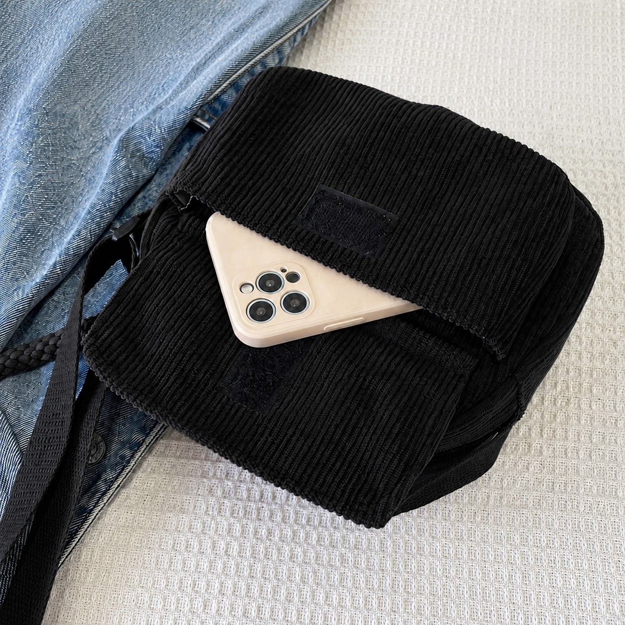 Corduroy Crossbody Bag with Front Pocket Adjustable Strap and Zip Closure