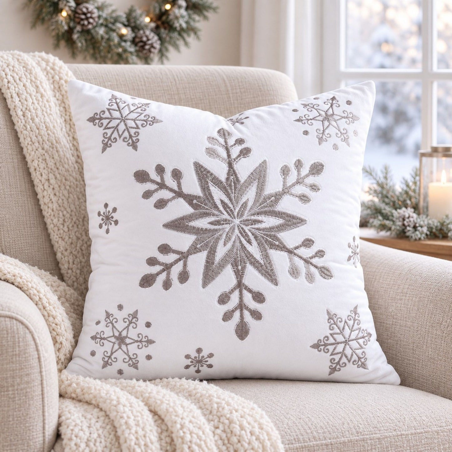 Snowflake Embroidered Decorative Throw Pillow Cover (Single Piece)