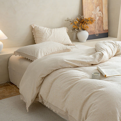 4-Piece Cotton Linen Jacquard Bedding Set with Duvet Cover Flat Sheet and Pillowcases Lace Trim Detail