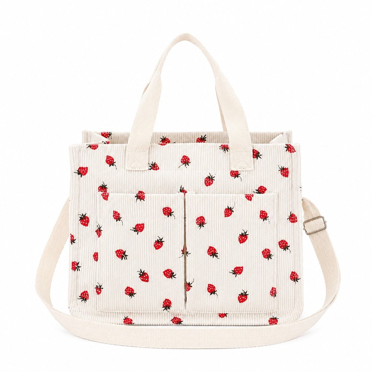 Canvas Strawberry Print Tote Bag with Shoulder Strap and Side Pockets