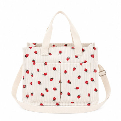 Canvas Strawberry Print Tote Bag with Shoulder Strap and Side Pockets