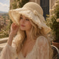 Wide Brim Straw Sun Hat with Sheer Lace Overlay Bow Accent and Scalloped Edge
