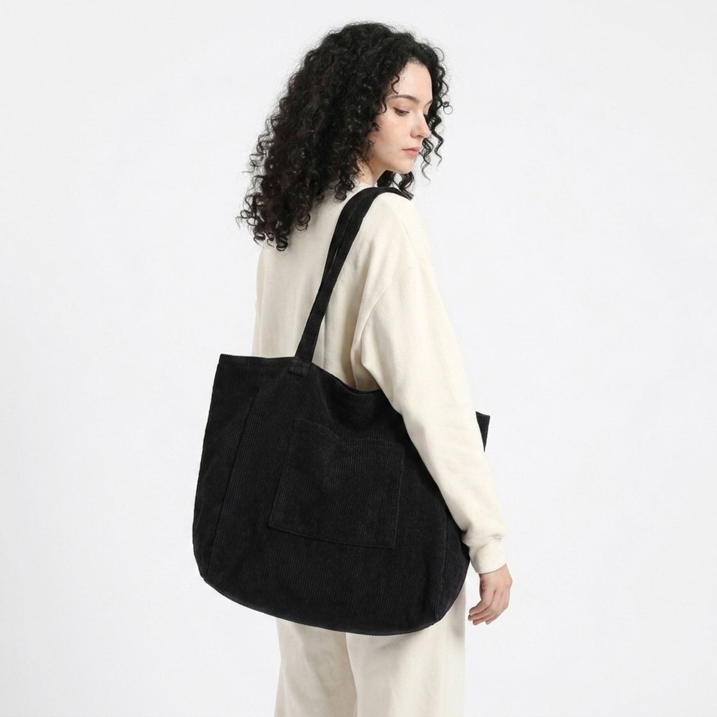 Corduroy Tote Bag Large Capacity Shoulder Bag with Front Pocket