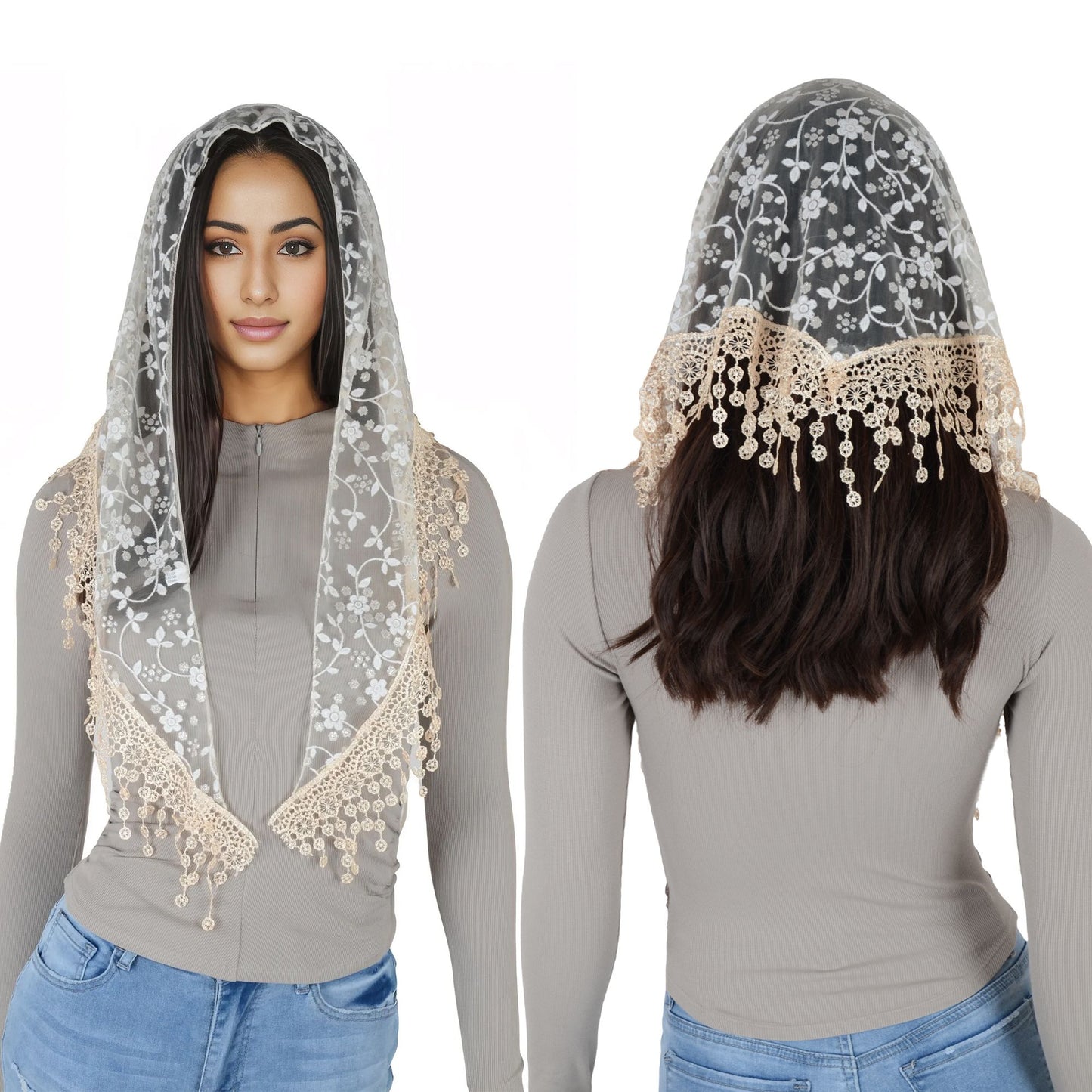 Lightweight Lace Floral Head Scarf Fringe Triangular Shawl