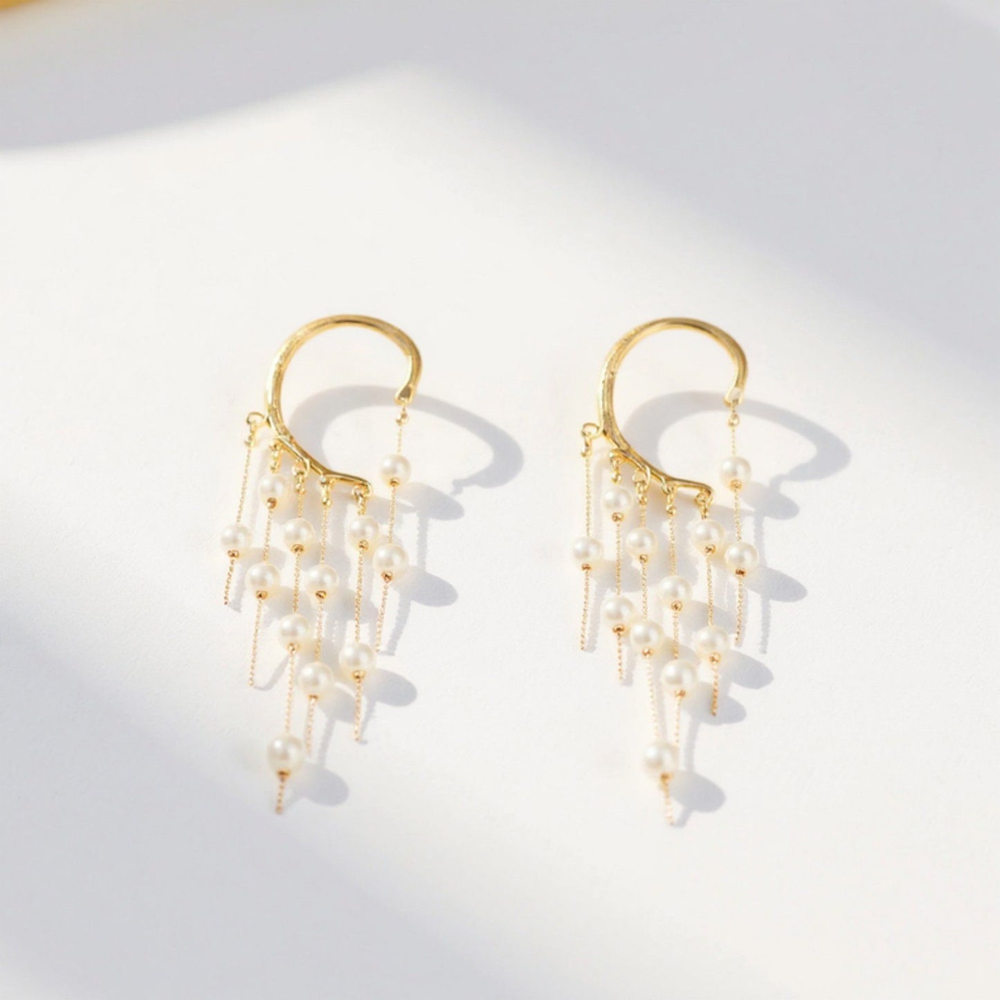 Women's Gold Tone Ear Cuff Drop Earrings with Layered Chains and Simulated Pearl Dangles