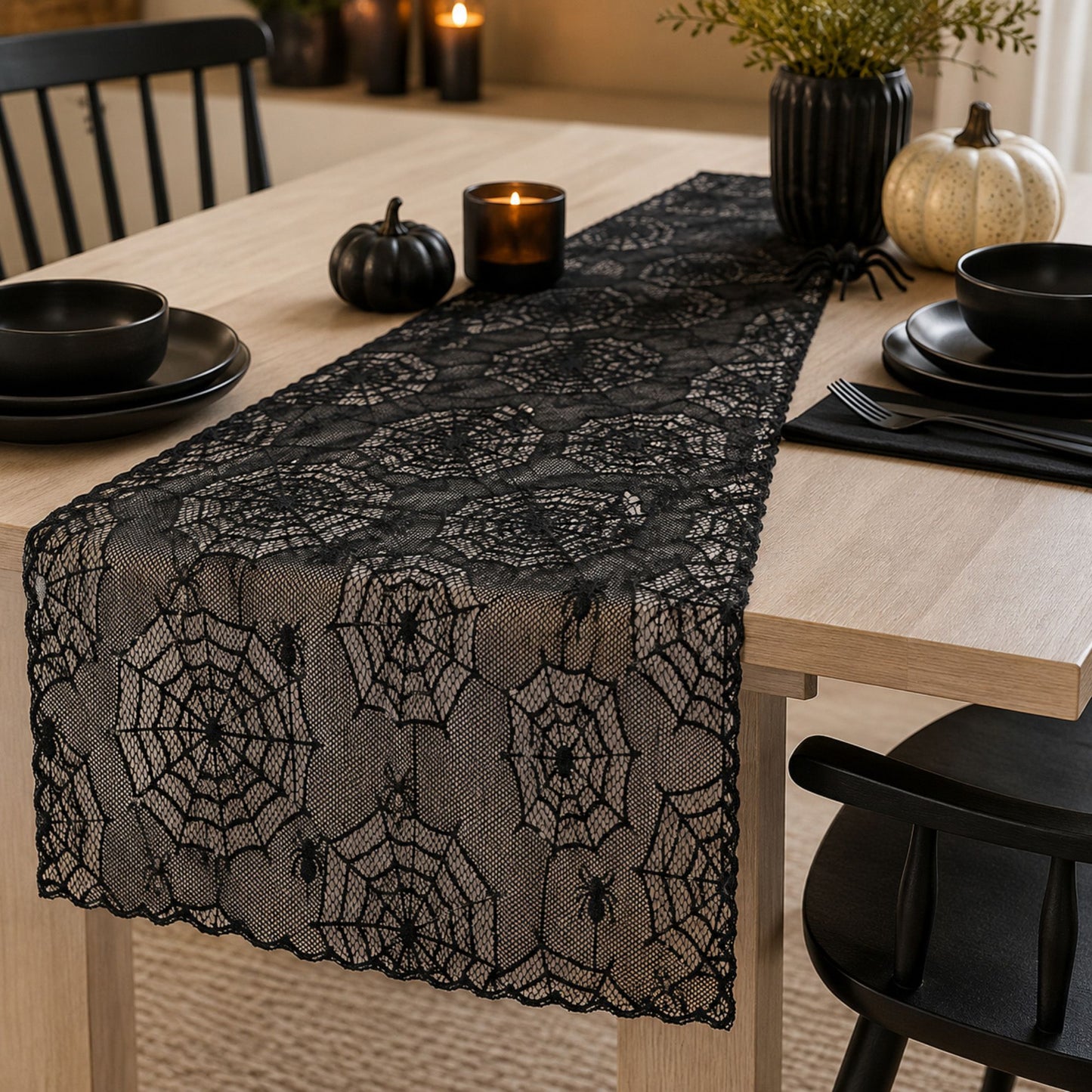 Halloween Black Lace Skull Cutout Table Runner