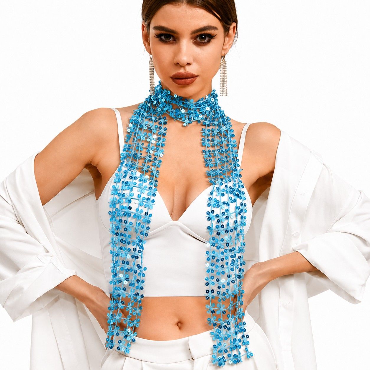 Sequin Floral Skinny Scarf Mesh Neck Wrap