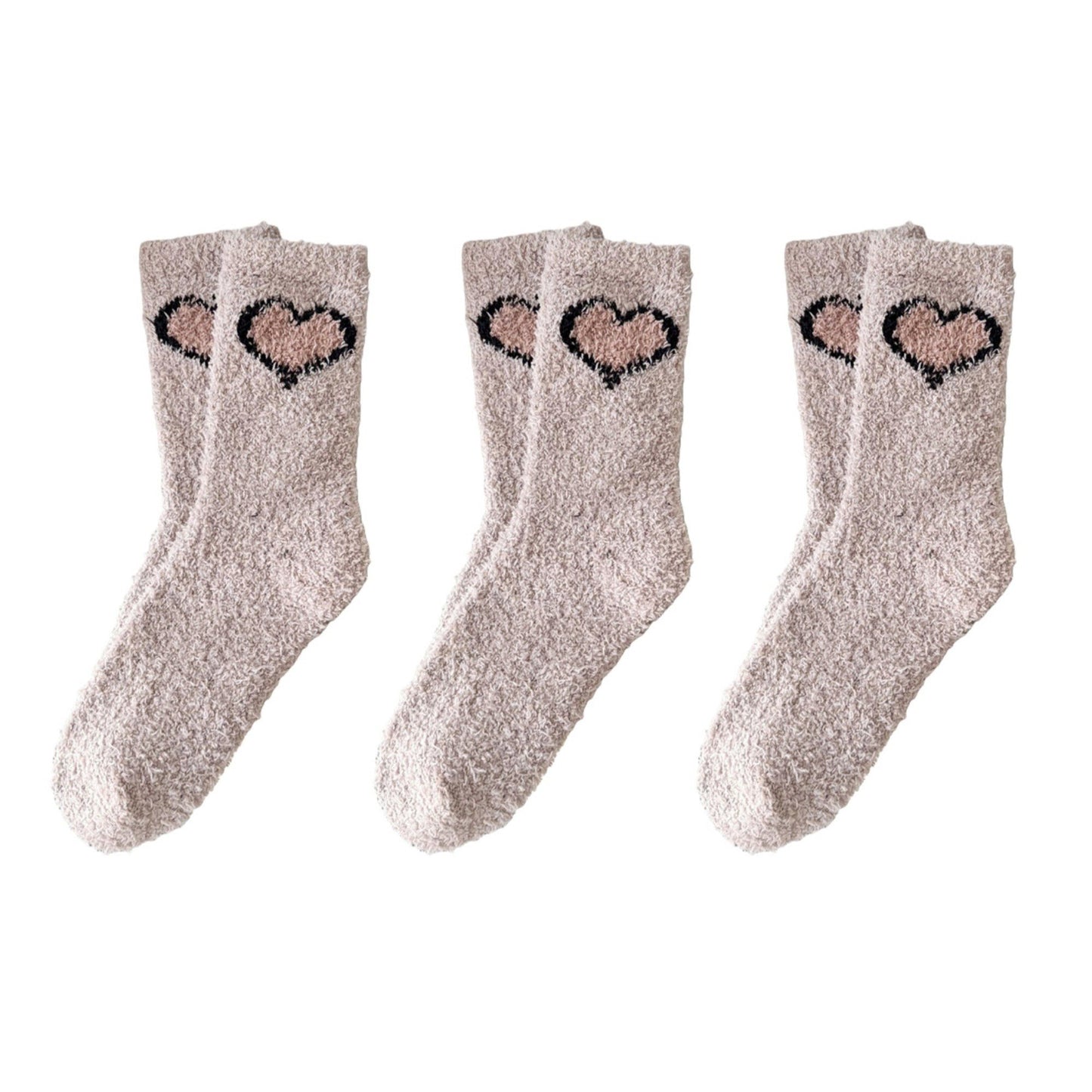 3-Pair Fuzzy Valentine Heart Knit Crew Socks Set with Soft Plush Texture, Stretchy Cozy Fabric, and Cute Heart Accent for Gifting
