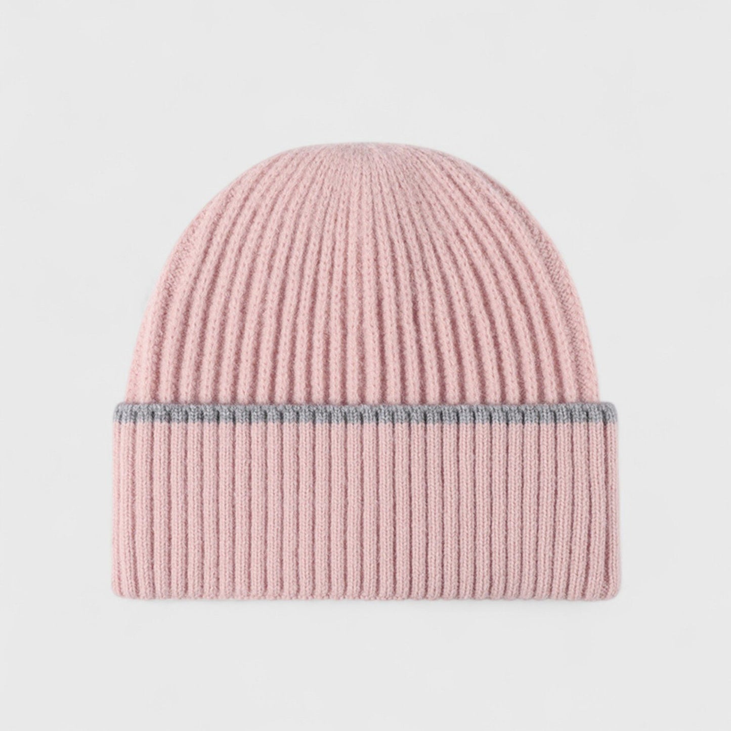 Ribbed Knit Beanie Hat with Contrast Trim and Folded Cuff