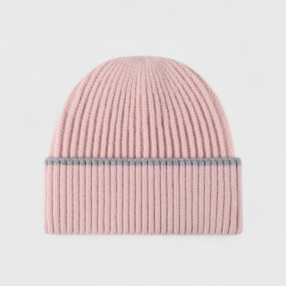 Ribbed Knit Beanie Hat with Contrast Trim and Folded Cuff