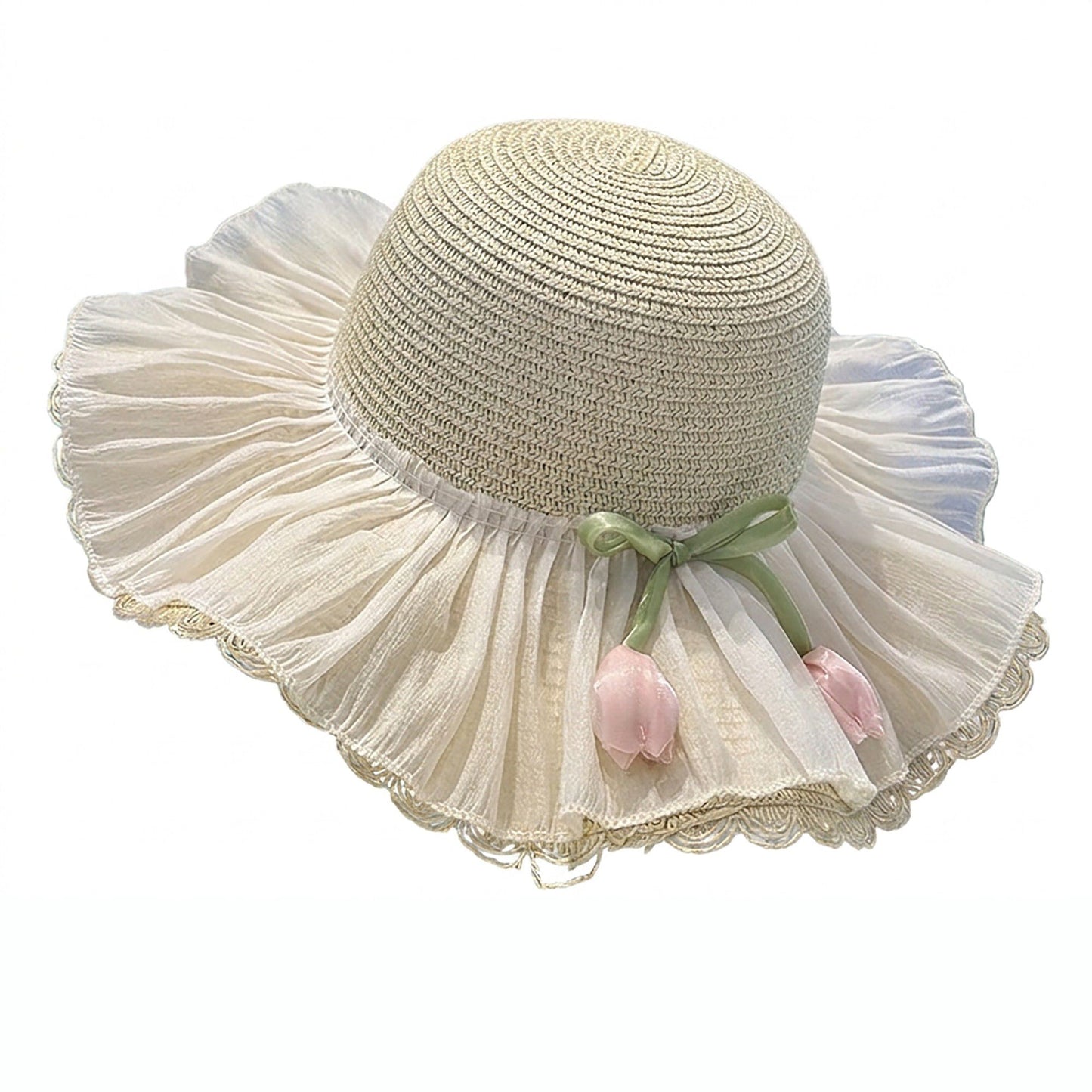 Wide Brim Straw Sun Hat with Pleated Sheer Brim Bow Accent and Floral Trim