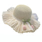 Wide Brim Straw Sun Hat with Pleated Sheer Brim Bow Accent and Floral Trim