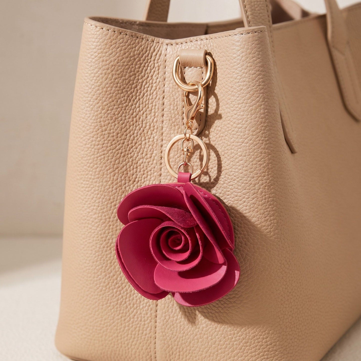 Dark Pink Rose Flower Bag Charm with Gold Tone Dual Clip