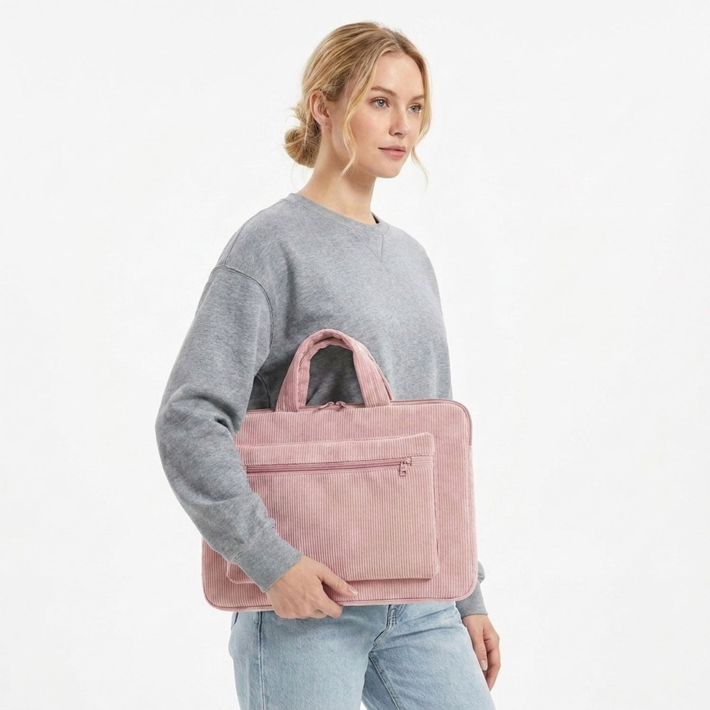 Corduroy Laptop Bag Large Capacity Work Tote with Front Zipper Pocket