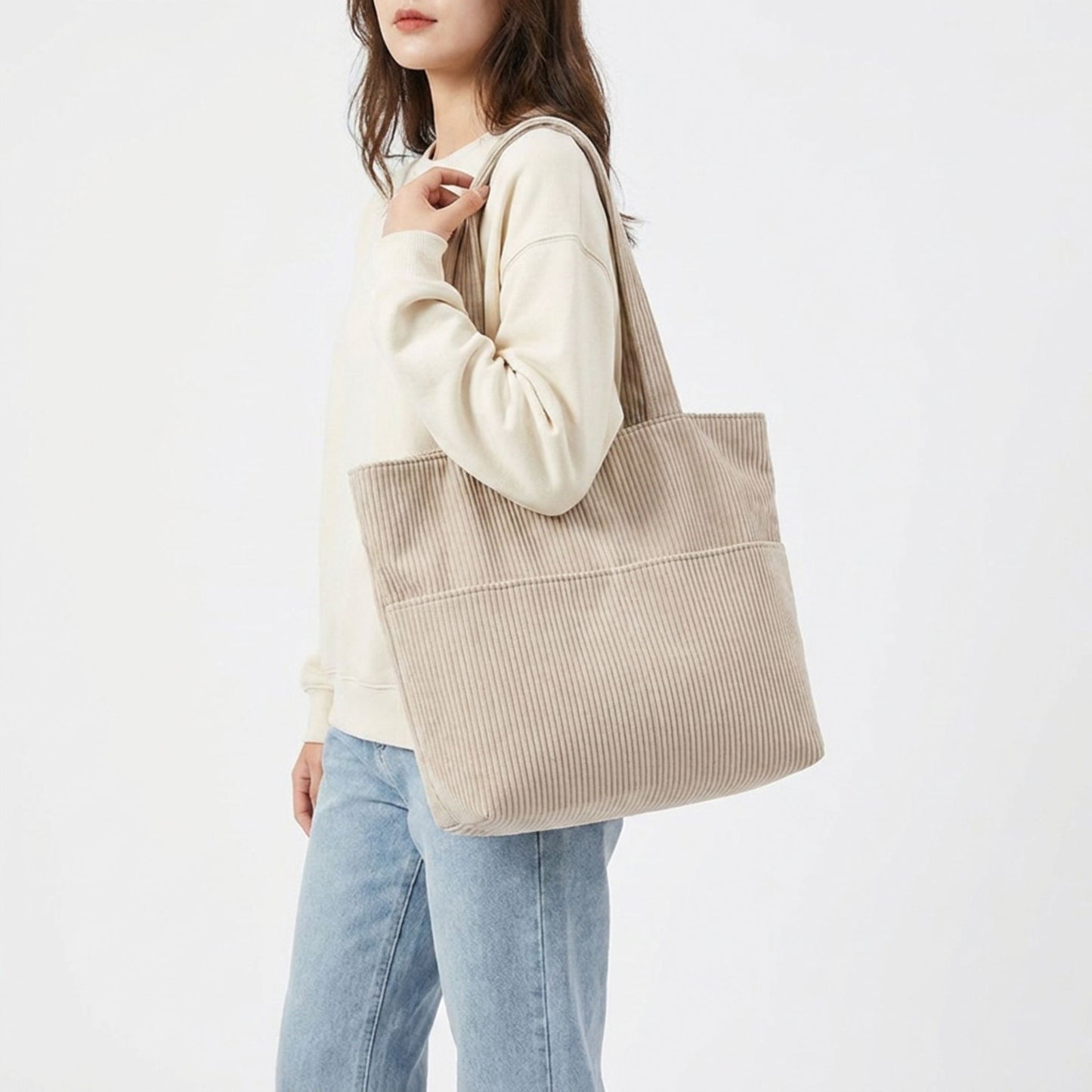 Corduroy Tote Bag Large Capacity Shoulder Bag with Front Pocket and Zipper Closure