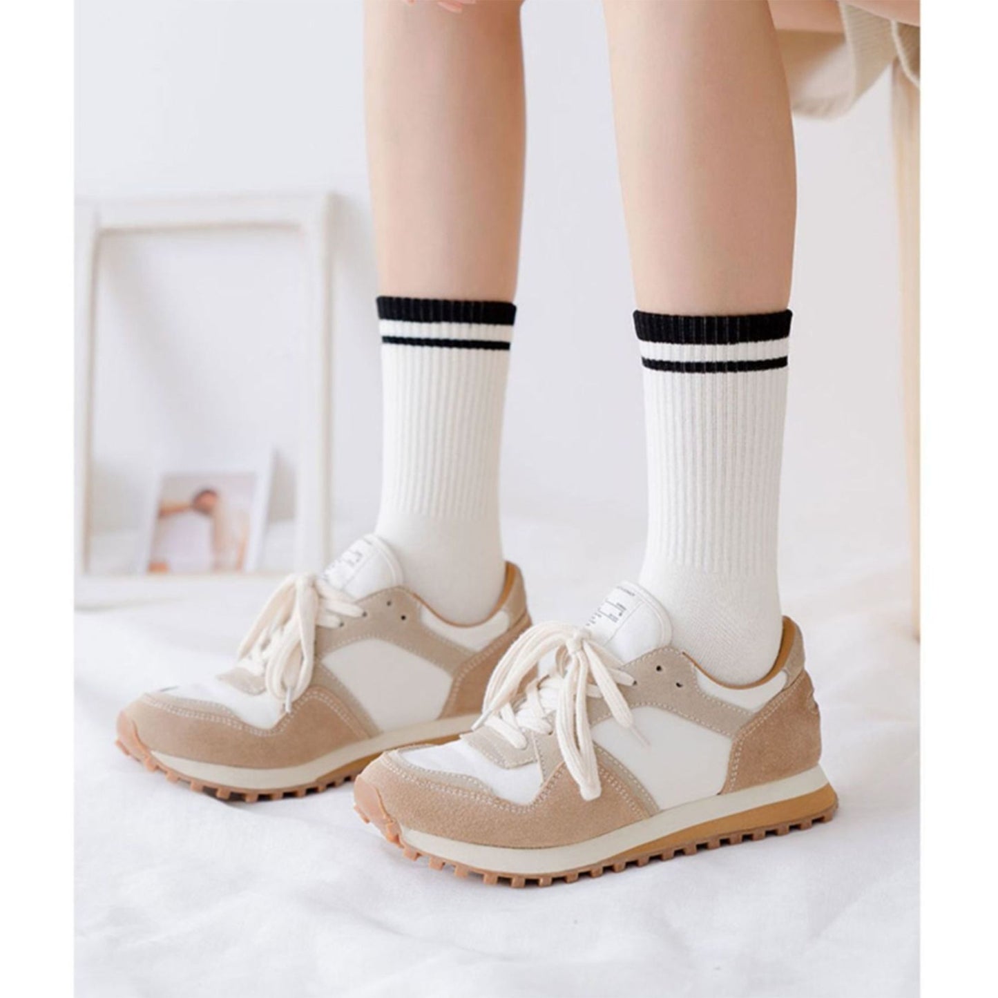 4-Pack Ribbed Crew Socks with Double Stripe Cuff Soft Stretch Fit in Neutral Tones