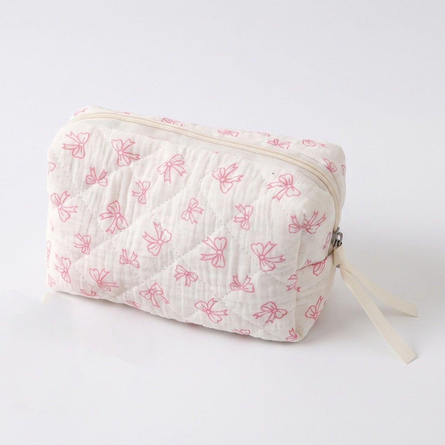 Womens Quilted Bow Print Makeup Bag Cosmetic Organizer Pouch