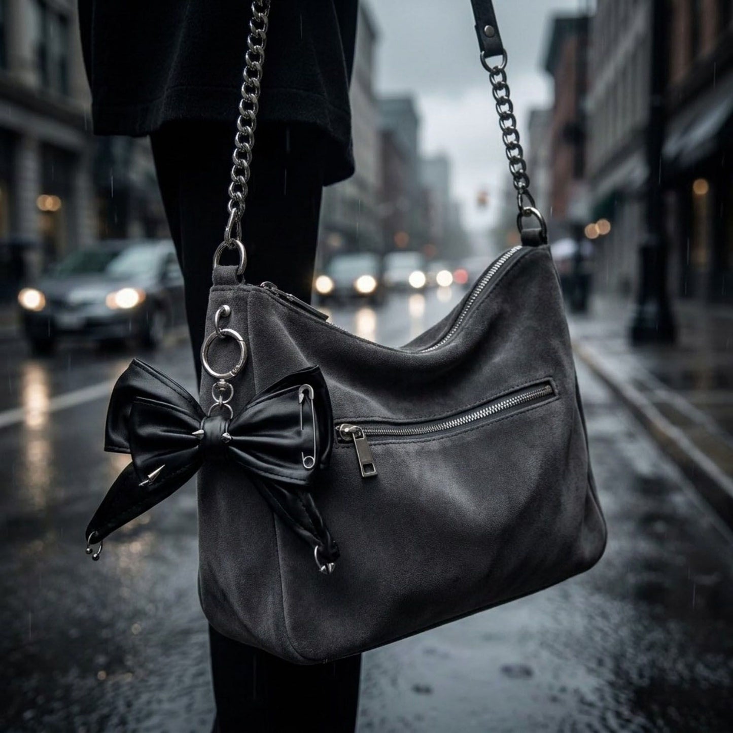 Faux Leather Bow Keychain with Safety Pin Stud Detail Oversized Bow Bag Charm Key Ring Accessory