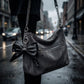 Faux Leather Bow Keychain with Safety Pin Stud Detail Oversized Bow Bag Charm Key Ring Accessory