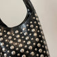 Studded Bucket Shoulder Bag with Glossy Finish Wide Strap Structured Silhouette Fashion Handbag 9.5x8.5x5 in