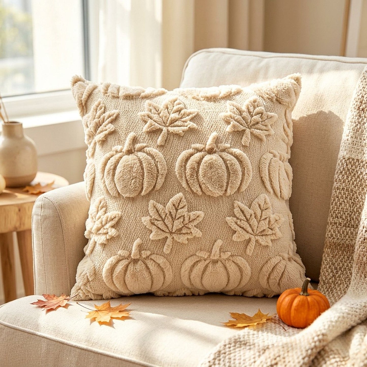 Tufted Pumpkin Decorative Throw Pillow Cover for Fall Home Decor 17.7 x 17.7in