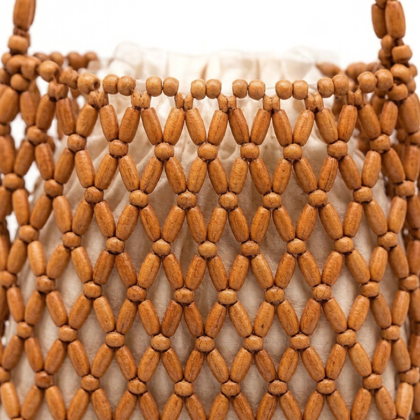 Beaded Crossbody Mini Bag with Long Strap Open Weave Wooden Bead Shoulder Purse Lightweight Small Handbag