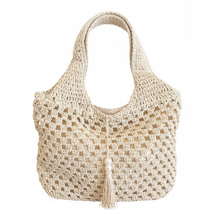 Crochet Shoulder Bag with Tassel Detail Soft Knit Handbag Lightweight Casual Everyday Tote