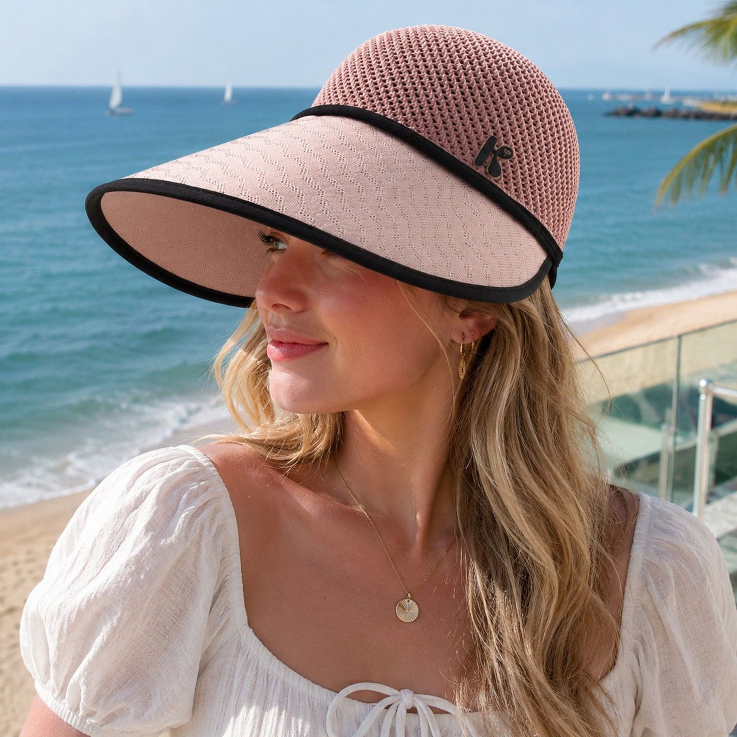Wide Brim Woven Visor Hat with UPF 50 Plus Crown Ponytail Back and Contrast Trim