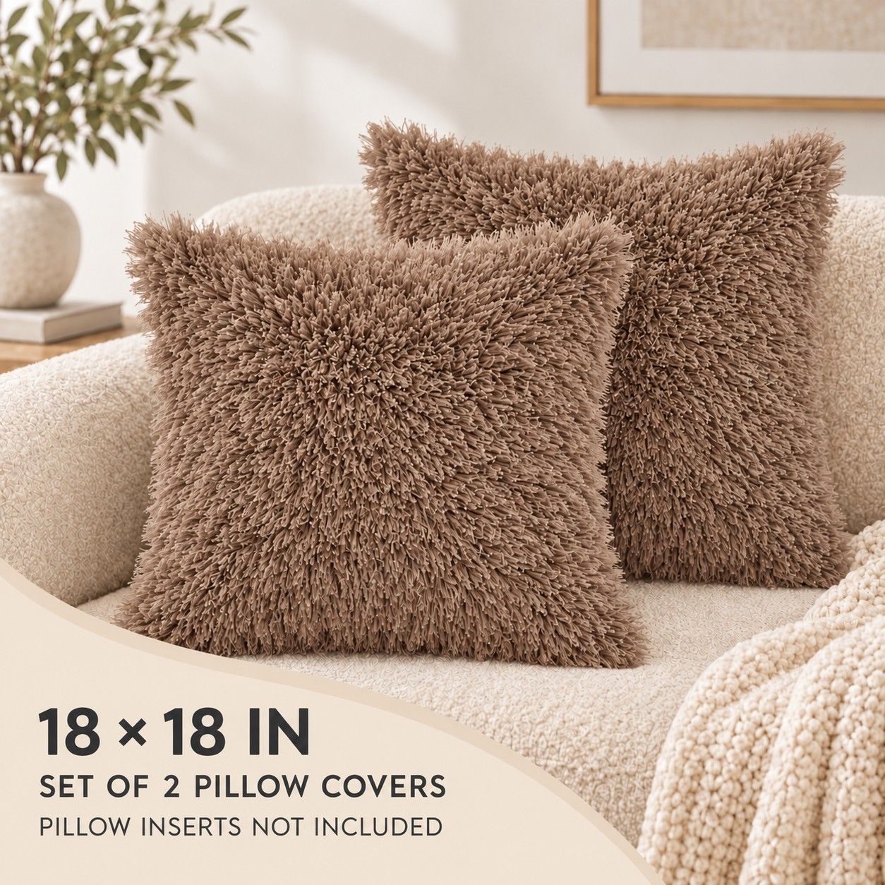 2 Pack Shaggy Faux Fur Throw Pillow Covers 18 x 18 Inch for Couch Sofa and Bed