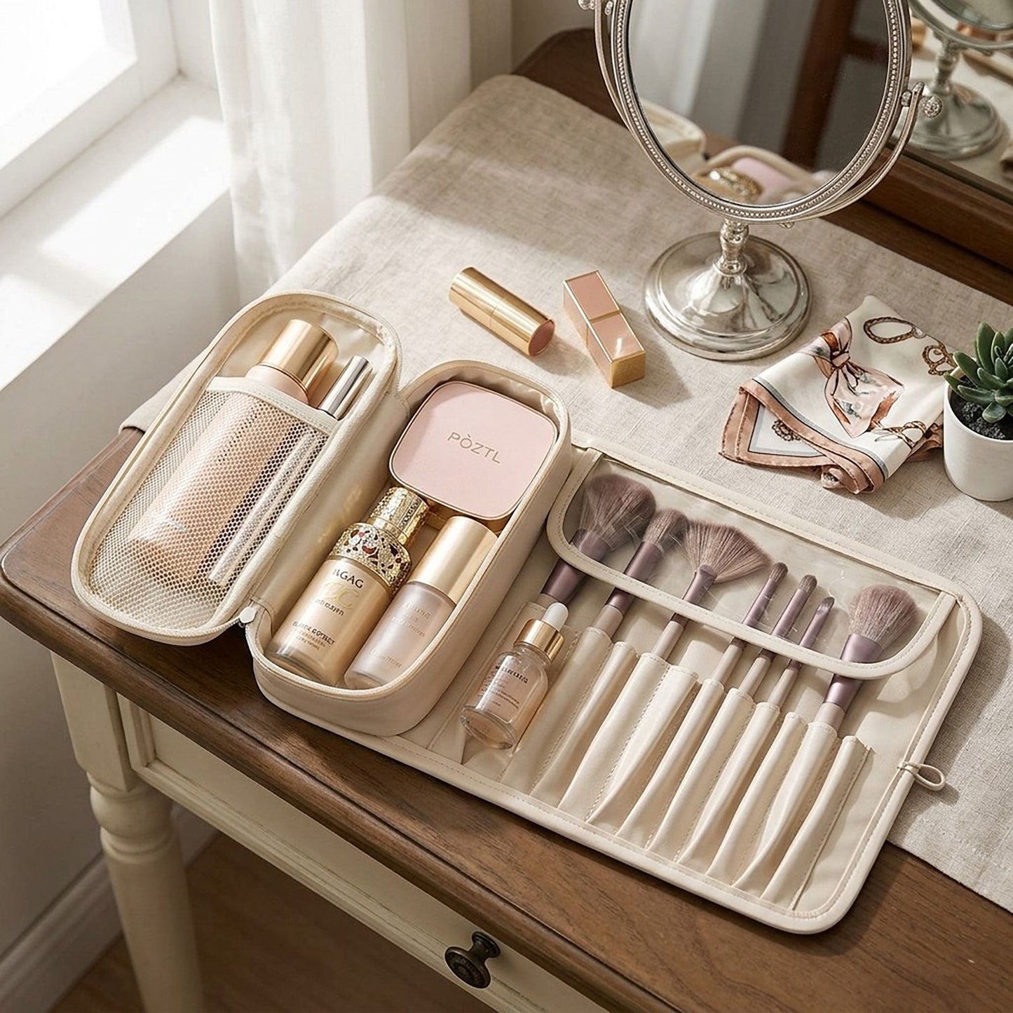 Travel Makeup Brush Organizer with Zippered Pouch