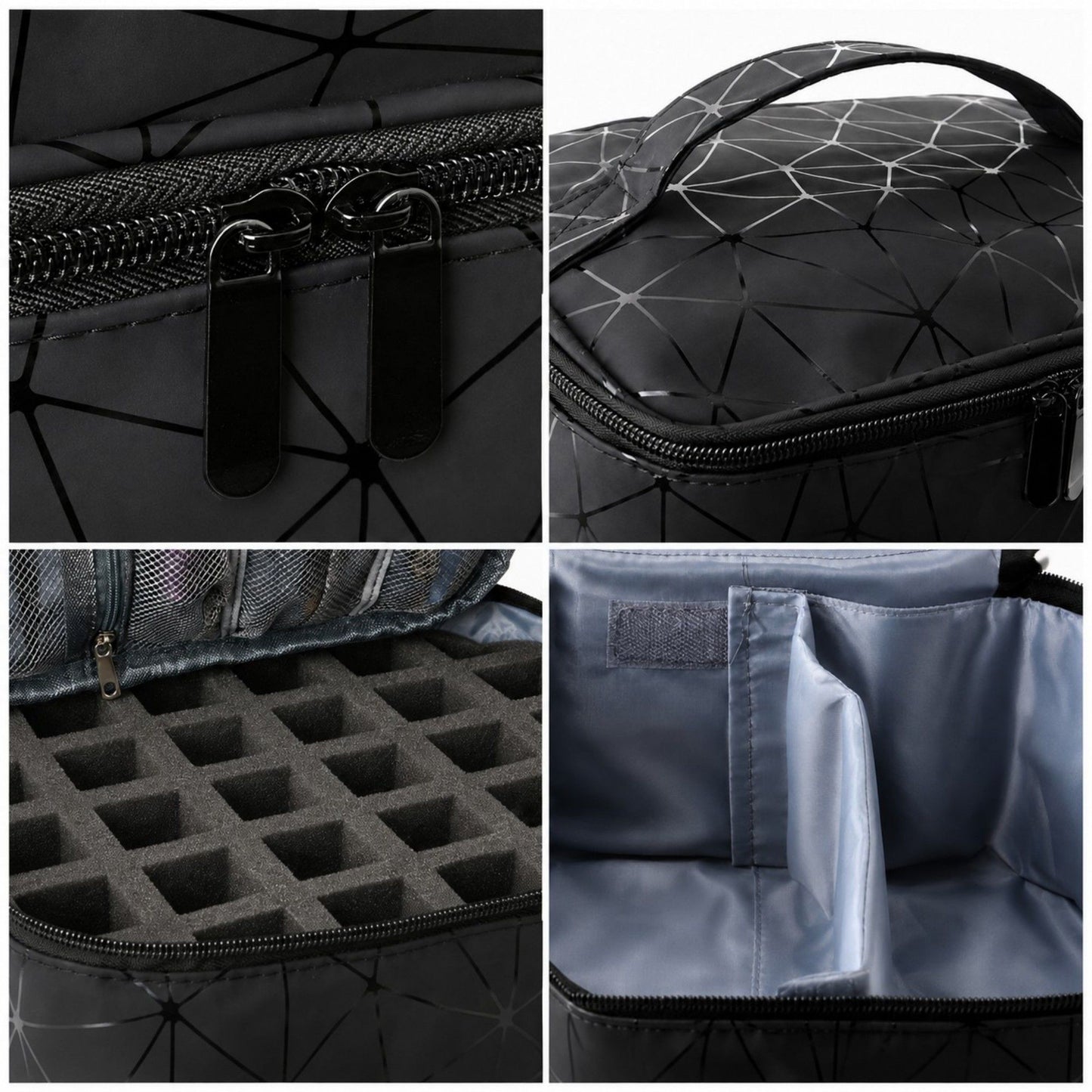 Two-Tier Cosmetic Organizer Bag with Geometric Print Dual Zippers Carry Handle and Interior Pockets