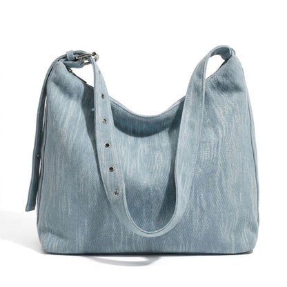 Washed Denim Look Hobo Tote Bag with Adjustable Shoulder Strap