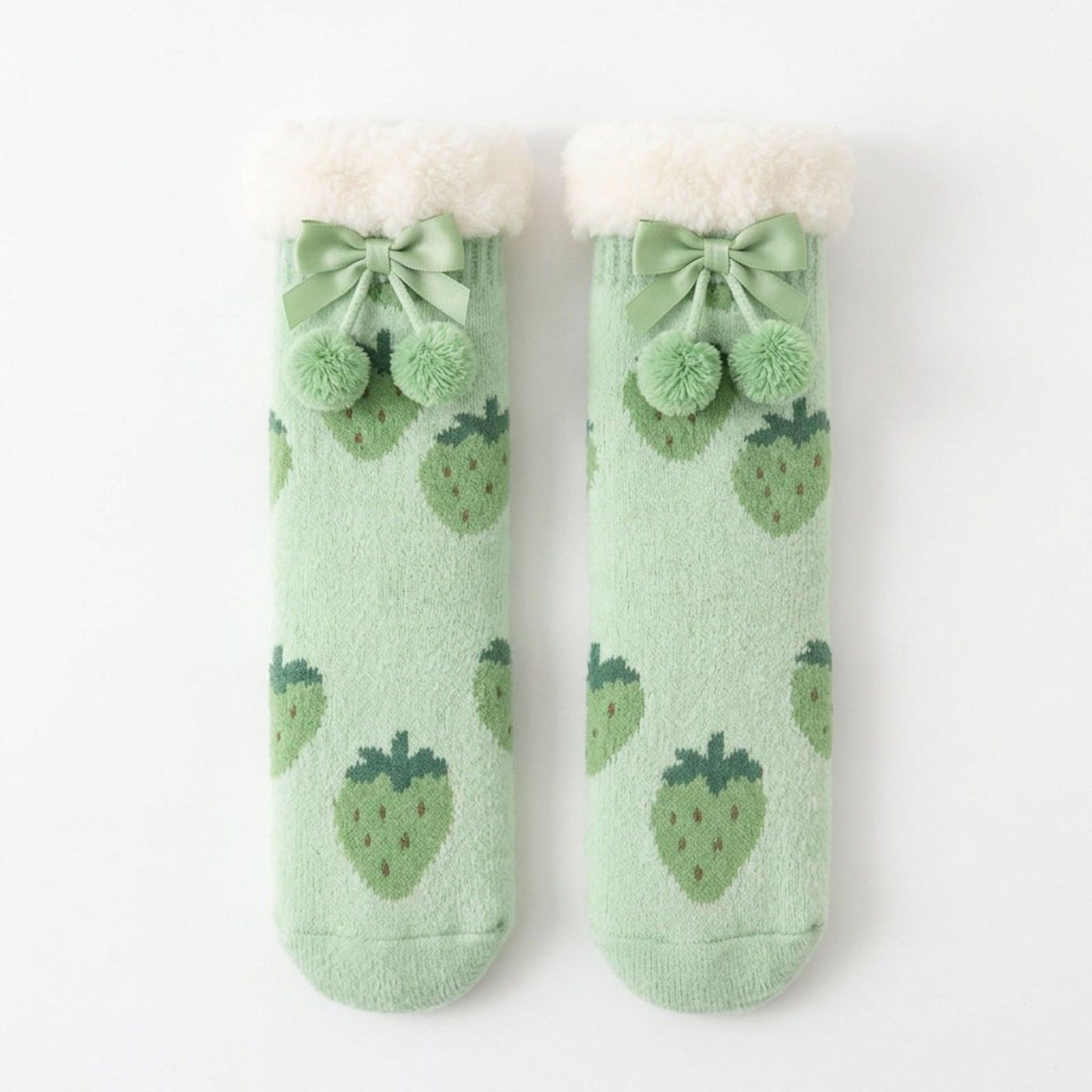 Fuzzy Strawberry Bow Crew Socks  US 5-10.5