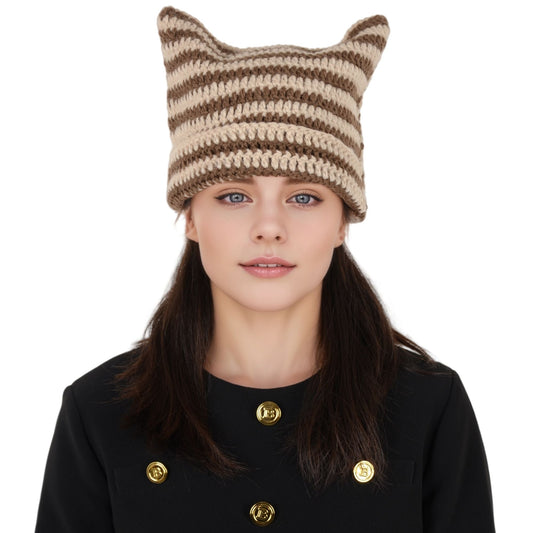 Vintage Crochet Hats Cute Cat Ear Striped Slouchy Beanies Cap for Women and Grey