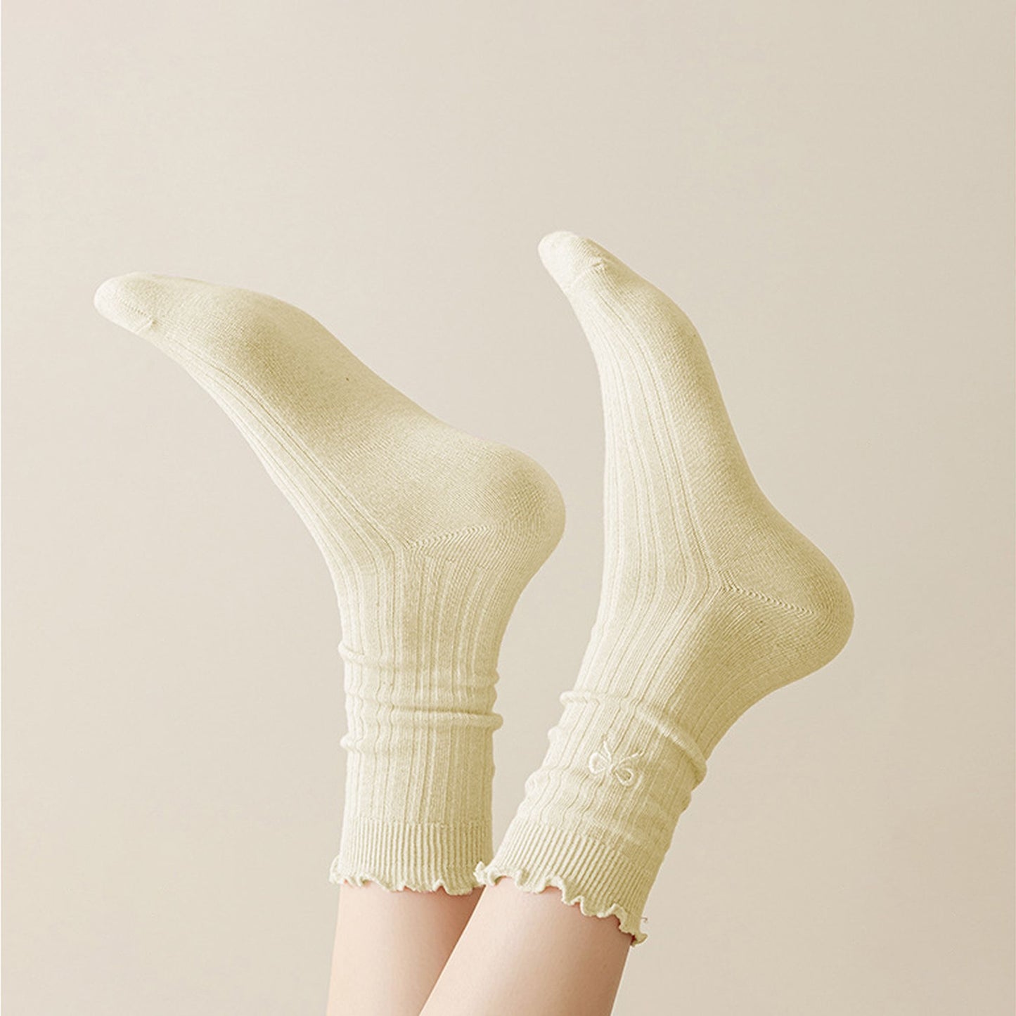 Summer Ribbed Ankle Socks with Bow Embroidery Casual 5Pk