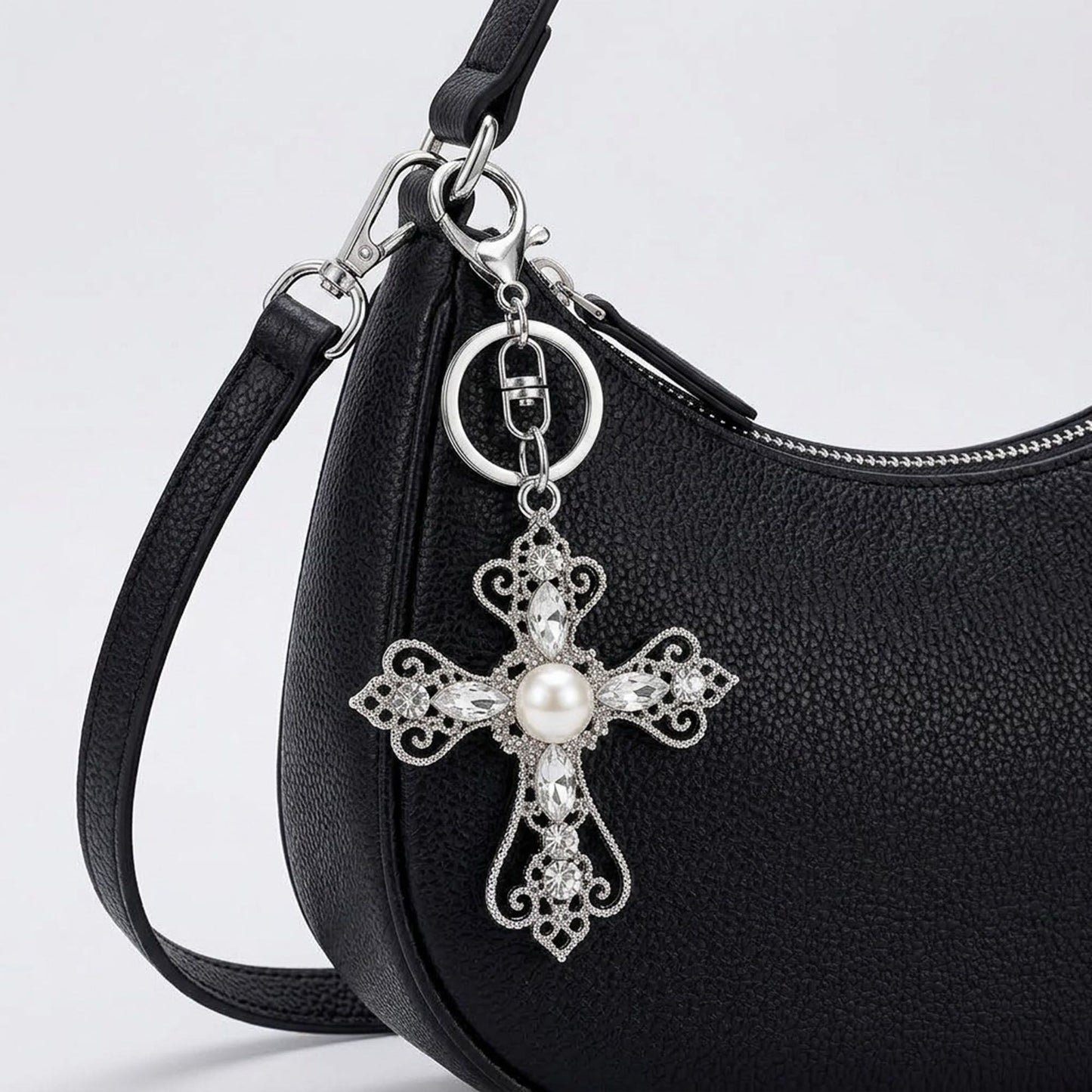 2pc Cross Pearl Rhinestone Keychain Bag Charm with Lobster Clasp and Key Ring