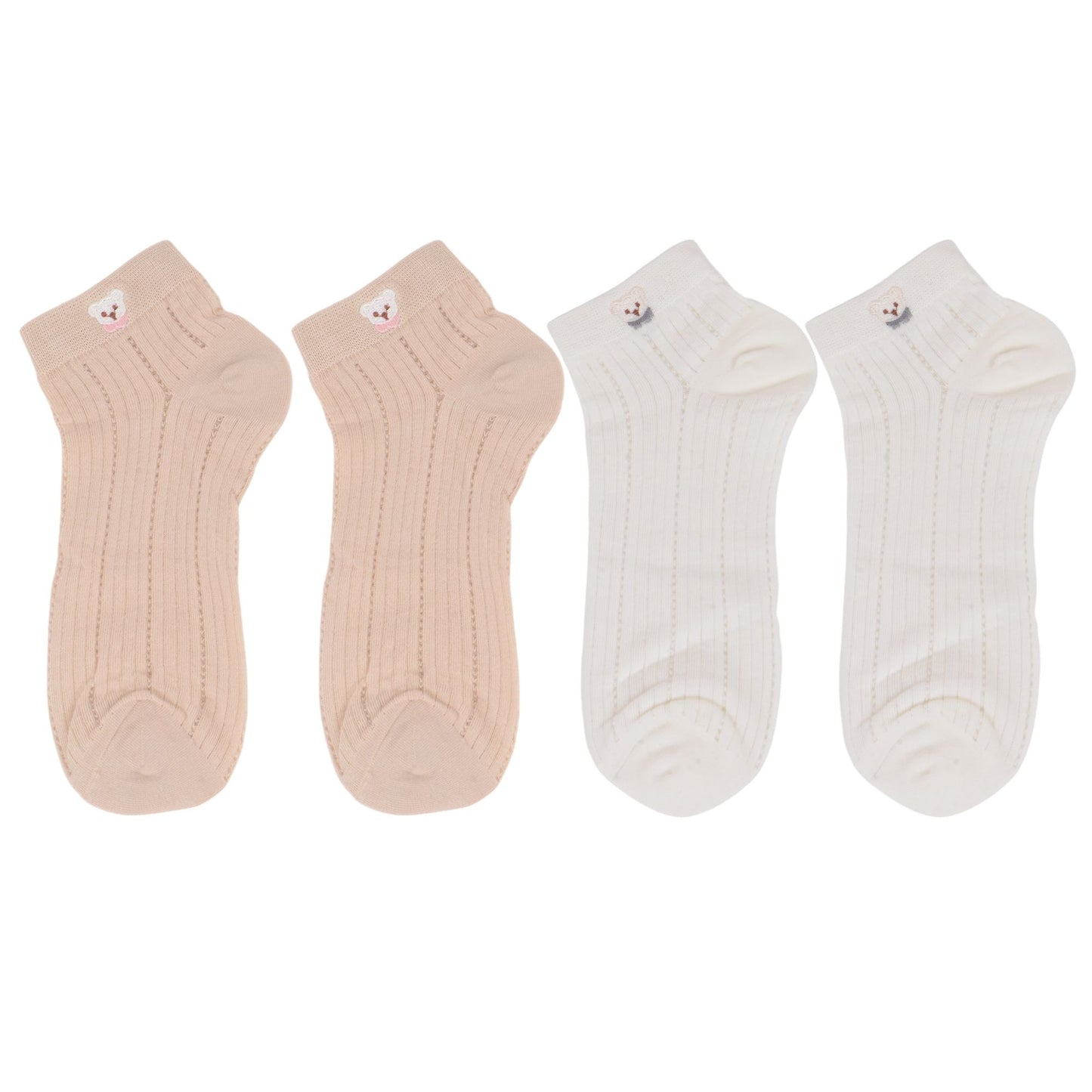 4 Pairs Women's Ankle Mesh Socks with Bear Embroidery Lightweight Breathable Knit and Elastic Cuffs