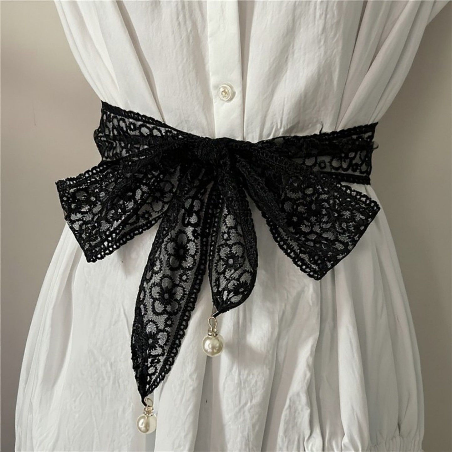 Floral Lace Ribbon Belt with Oversized Bow and Pearl Drop Details 59in