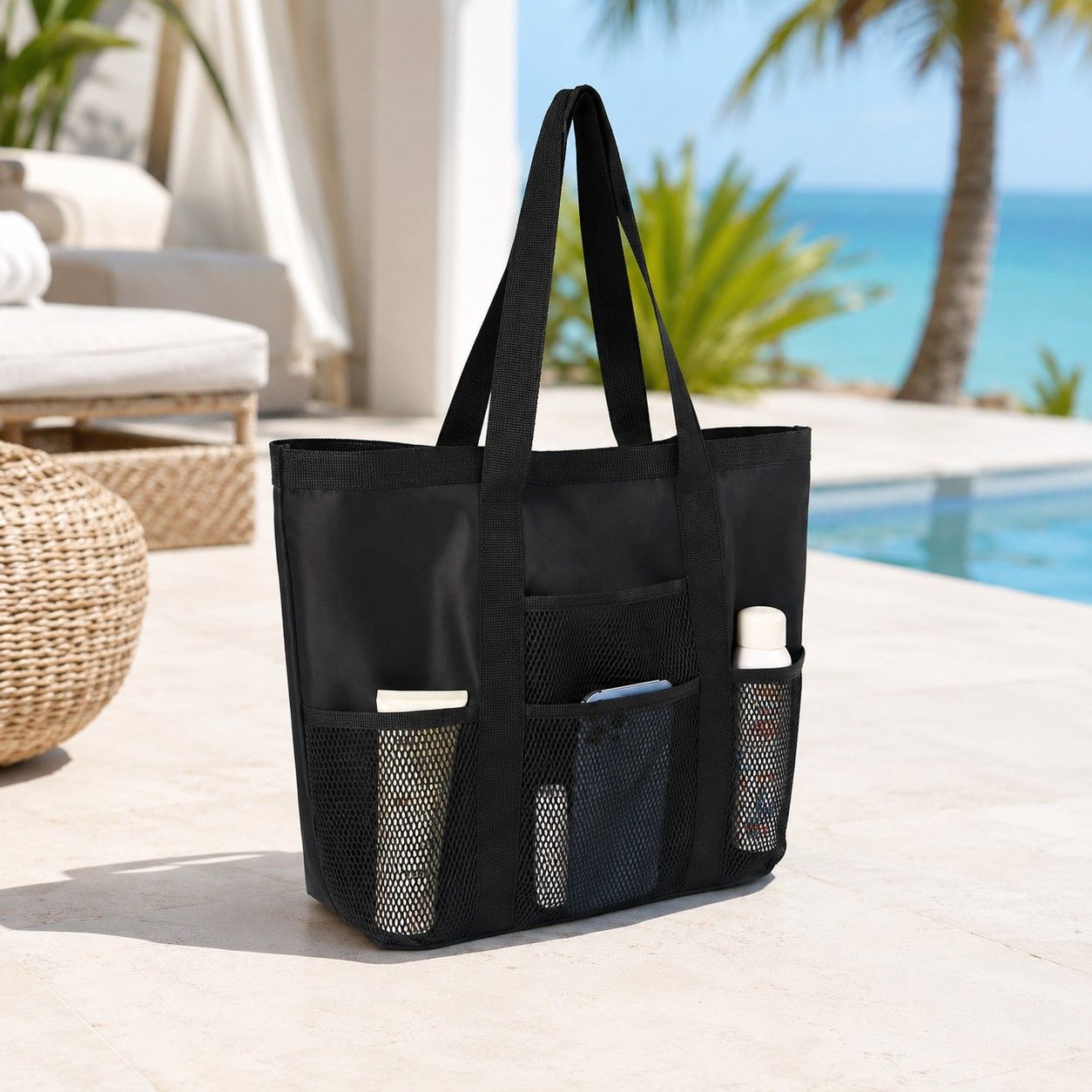 Large Mesh Beach Tote Bag with Exterior Pockets and Shoulder Handles