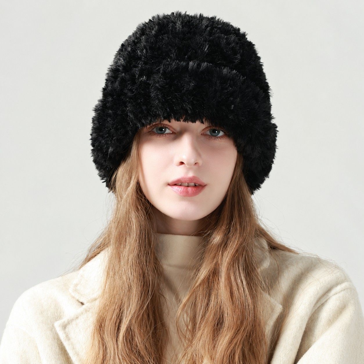Fuzzy Knit Beanie Hat Soft Plush Cuffed Winter Cold Weather Cap