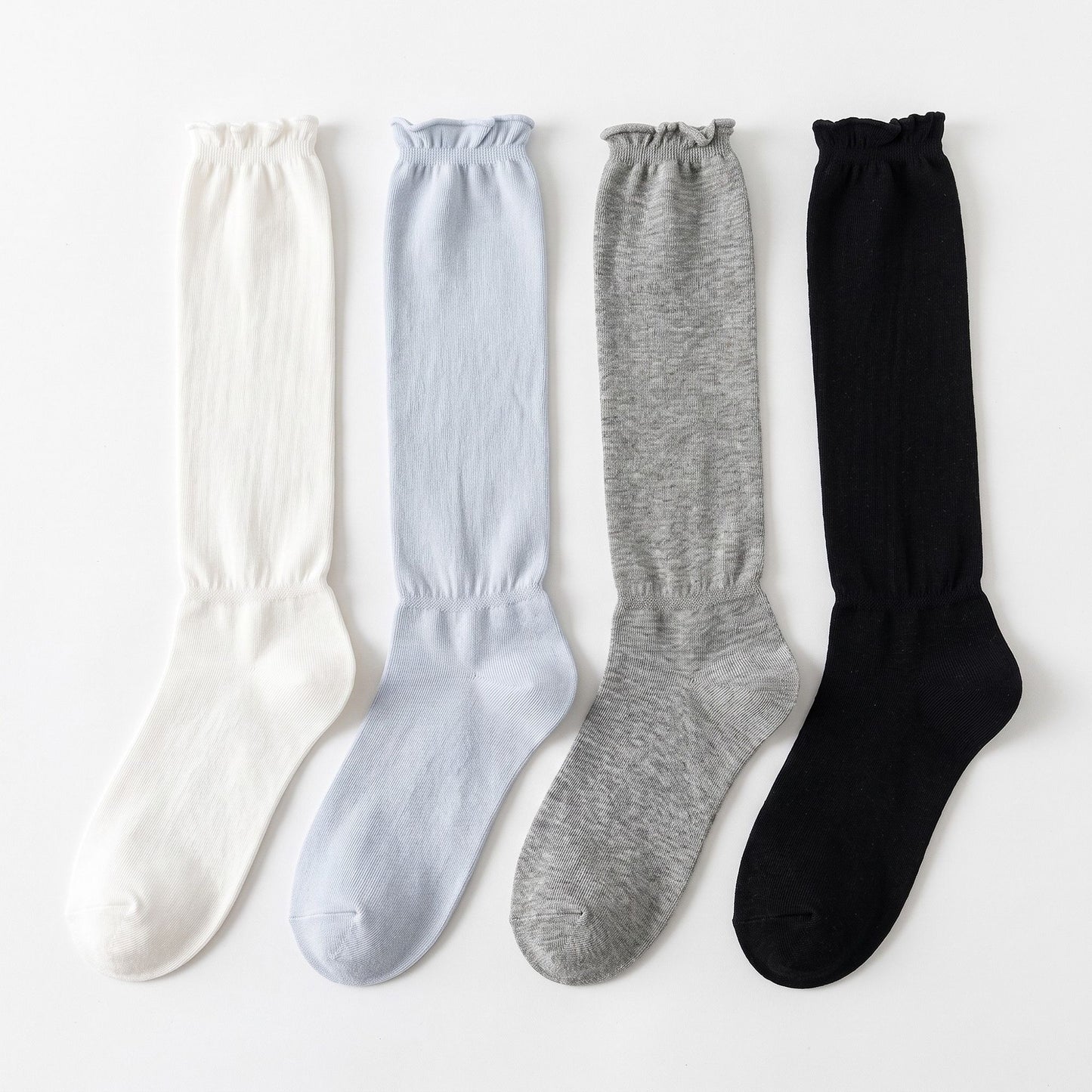 4-Pair Ruffled Lettuce Cuff Knee High Socks Set, Ribbed Knit Long Hosiery