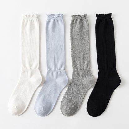 4-Pair Ruffled Lettuce Cuff Knee High Socks Set, Ribbed Knit Long Hosiery